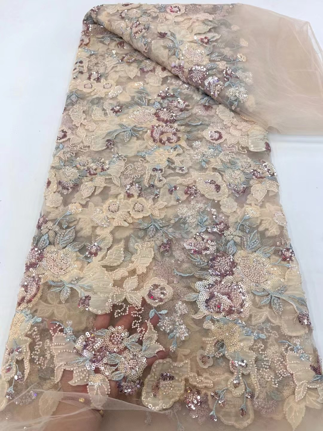 Tela de encaje africano para vestido de fiesta de boda, lentejuelas 3D, tela de encaje con cuentas francesas, vestidos de novia nigerianos, nuevo, 2025, 5 yardas