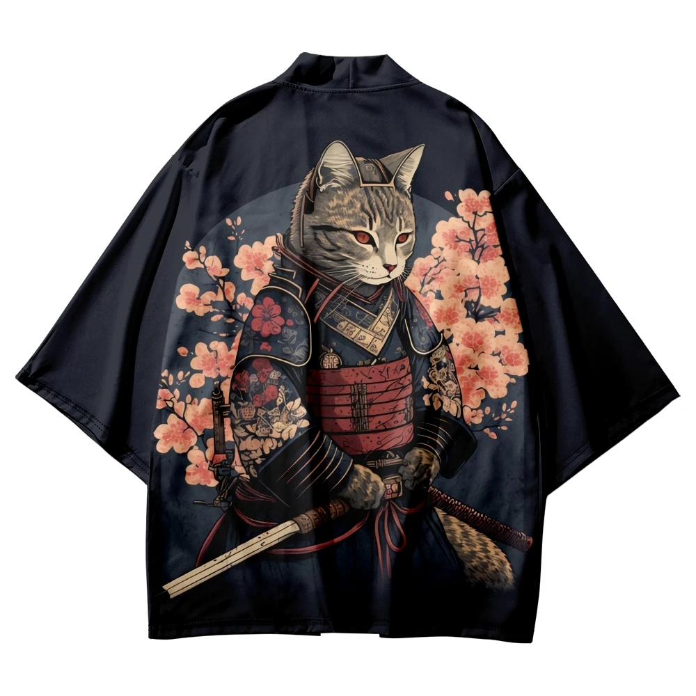 Japanischer Katzen-Samurai Haori Kimono Cardigan für Männer und Frauen im Ukiyo-e Stil Anime Cosplay Kimono Offene Vorderseite Streetwear Harajuku Mantel