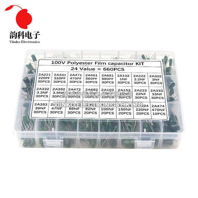 660 stks 24 Waarden Polyester Film Condensator Assortiment Kit 100 V 2A471J 2A102J 2A103J 2A223J 2A104J 2A154J 2A474J Capaciteit Set