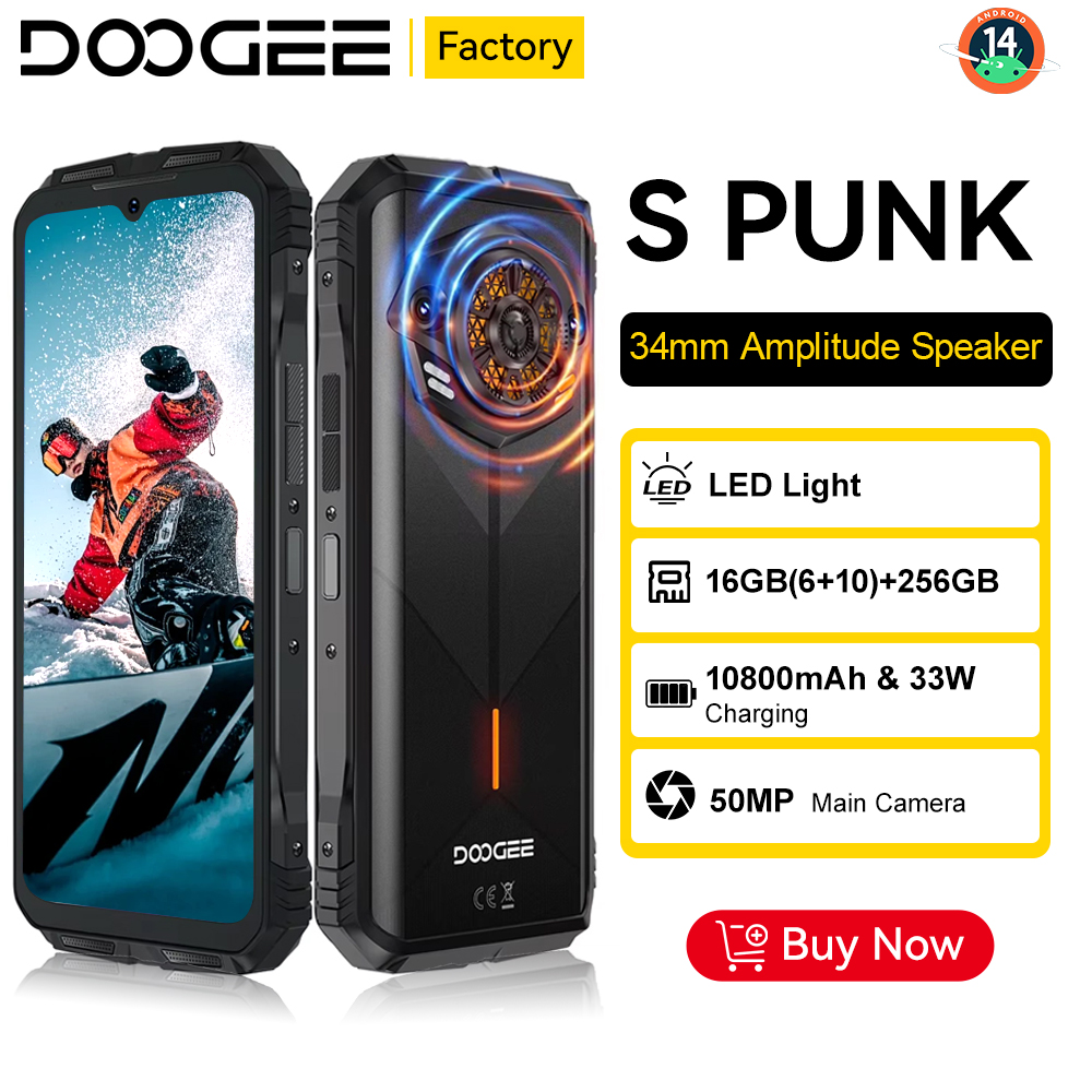 Глобальная версия защищенного смартфона DOOGEE S Punk на базе Android 14, 6,58-дюймовый FHD+ IPS-экран с частотой обновления 90 Гц, 16 ГБ (6+10) + 256 ГБ памяти, аккумулятор 10800 мАч, 50-мегапиксельная камера.