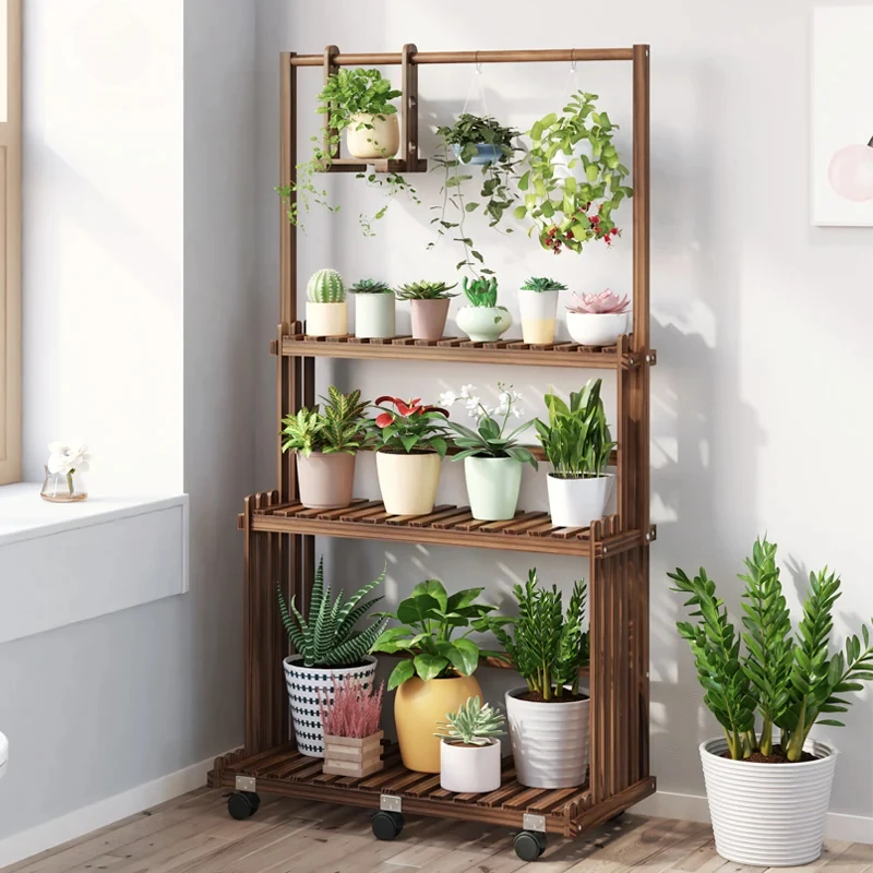 Soporte para plantas de madera colgante de 3 niveles, estantes para maceteros para interiores y exteriores, estante organizador para macetas, estante de exhibición múltiple