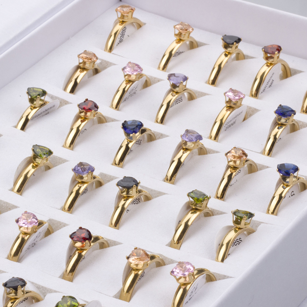 36Pcs/lot Fashion Stainless Steel Zircon Heart Love Rings For Women Mix Style Wedding Engagement Jewelry