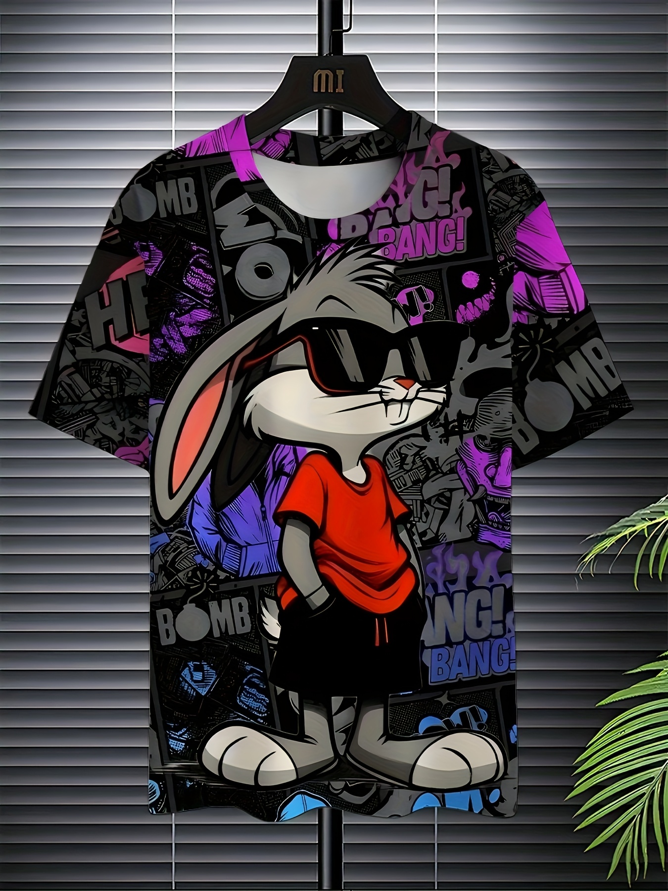 Camiseta con estampado de conejo en 3D para hombre |   Tela de poliéster elástico suave |   Top casual de punto de verano con negrita \