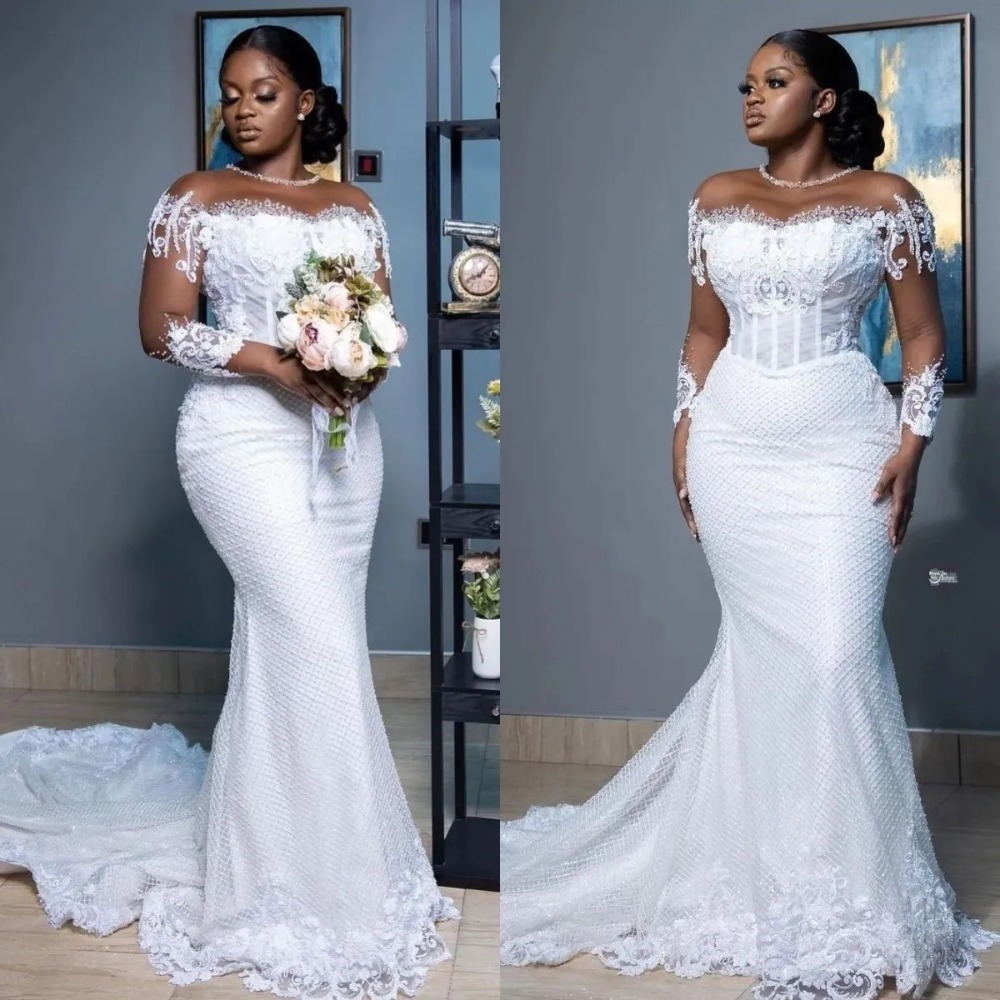 Vestidos de novia de sirena africana, vestidos de novia elegantes transparentes de manga larga con apliques de cuello redondo, vestido de segunda recepción