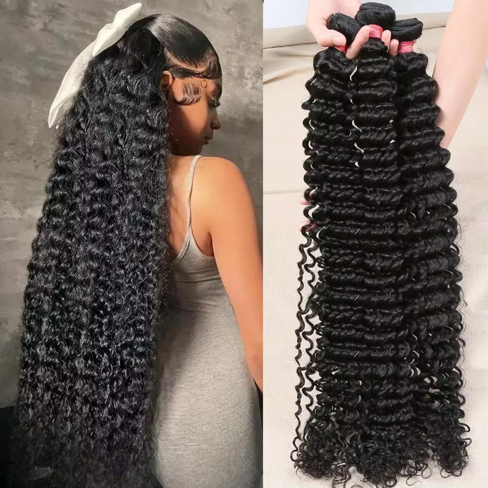 40 Inch Diepe Golf Braziliaanse Menselijk Haar Bundels 3/4 Stuks Natuurlijke Zwarte Onverwerkte Remy Hair Extensions Weave Bundels Zacht Zijdeachtig