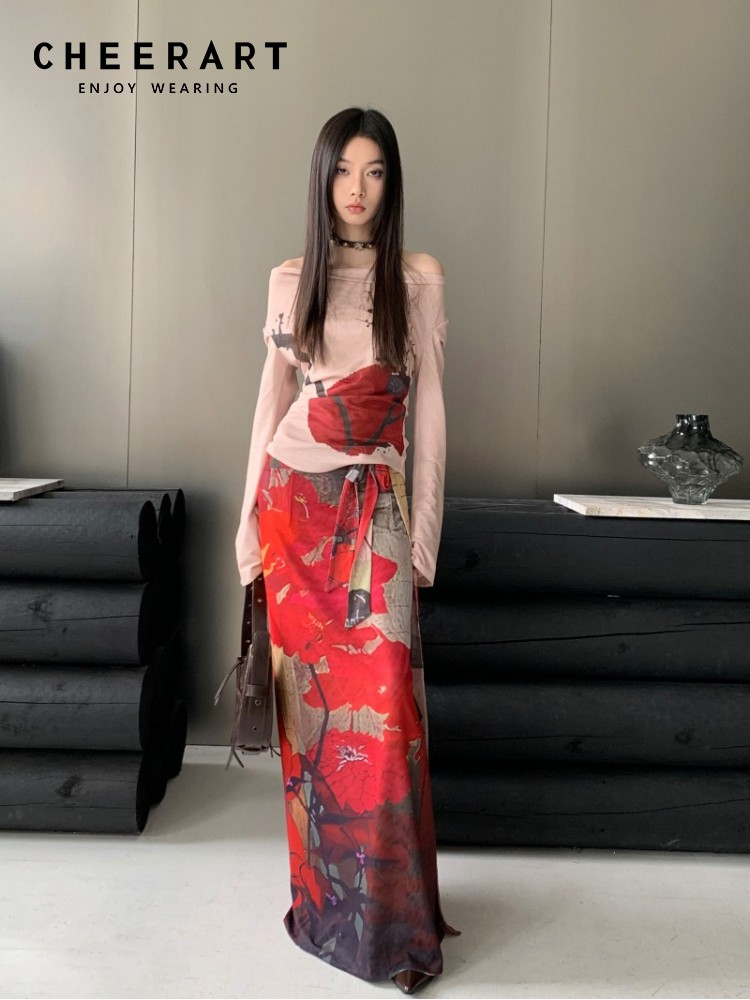 CHEERART Vintage Rode Mesh Lange Rokken Voor Vrouw Lace Up Wrap Maxi Rok Japanse Mode Luxe Designer Dameskleding