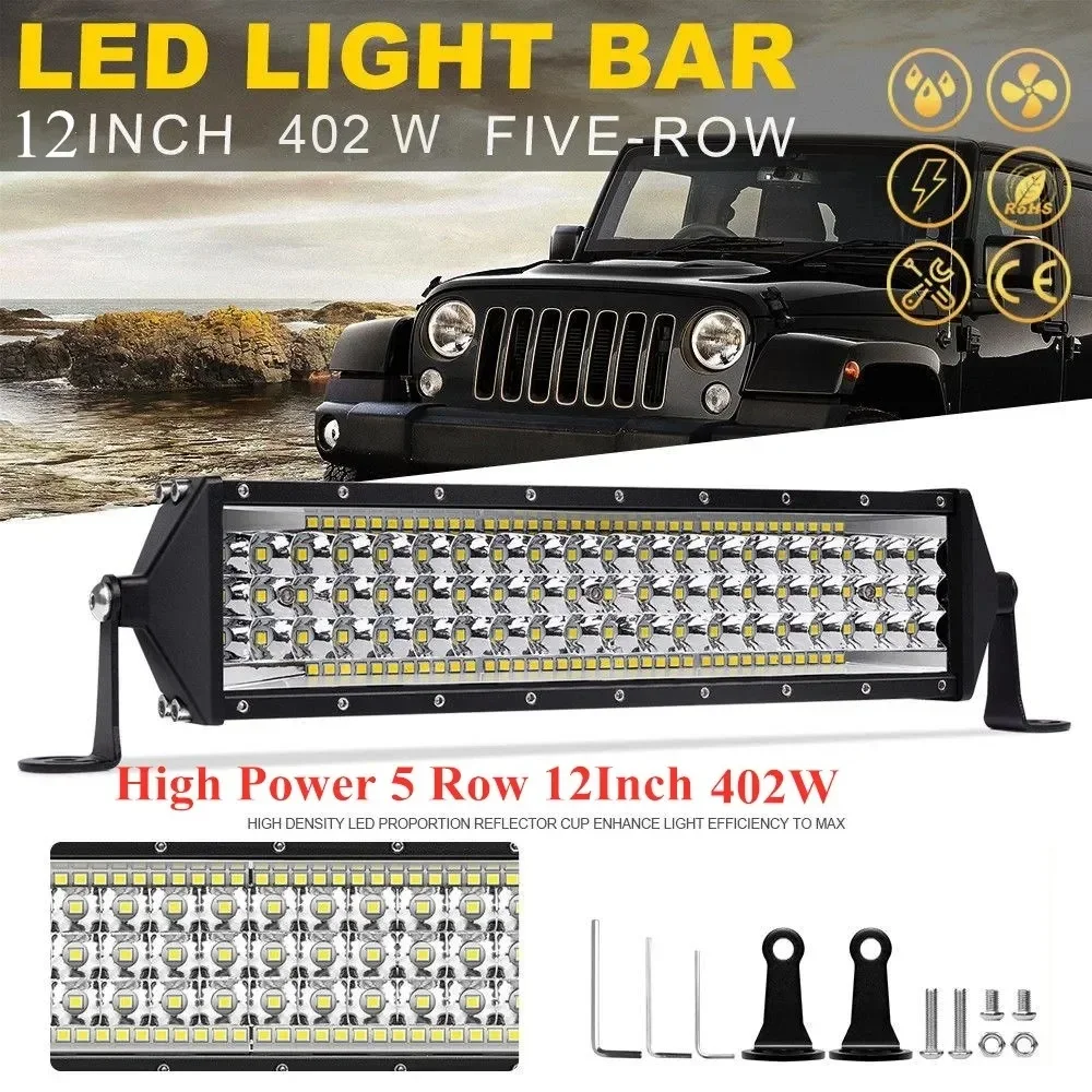 Barra de luz LED de trabajo de 12 pulgadas, 88 LED, 402W, 5 filas, foco de inundación, 12V 24V, barra de luz LED todoterreno para camión, 4x4, 4WD, coche, SUV, ATV