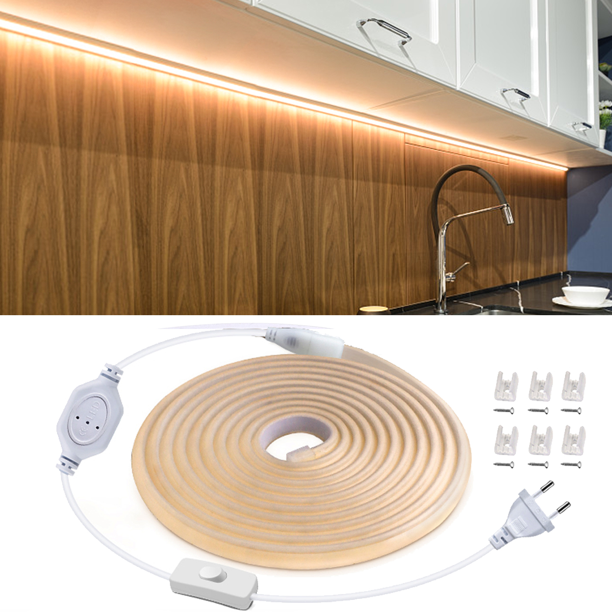 Lampe LED étanche COB pour sous-meuble de cuisine, avec interrupteur à bouton, cordon 220V 110V, prise EU/US, bande lumineuse pour cocina