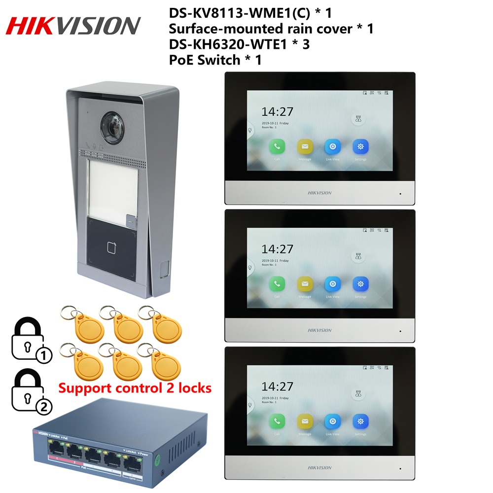 Оригинальный многоязычный комплект видеодомофона HIKVISION 802.3af POE, включает DS-KV8113-WME1(C), DS-KH6320-WTE1 и коммутатор PoE
