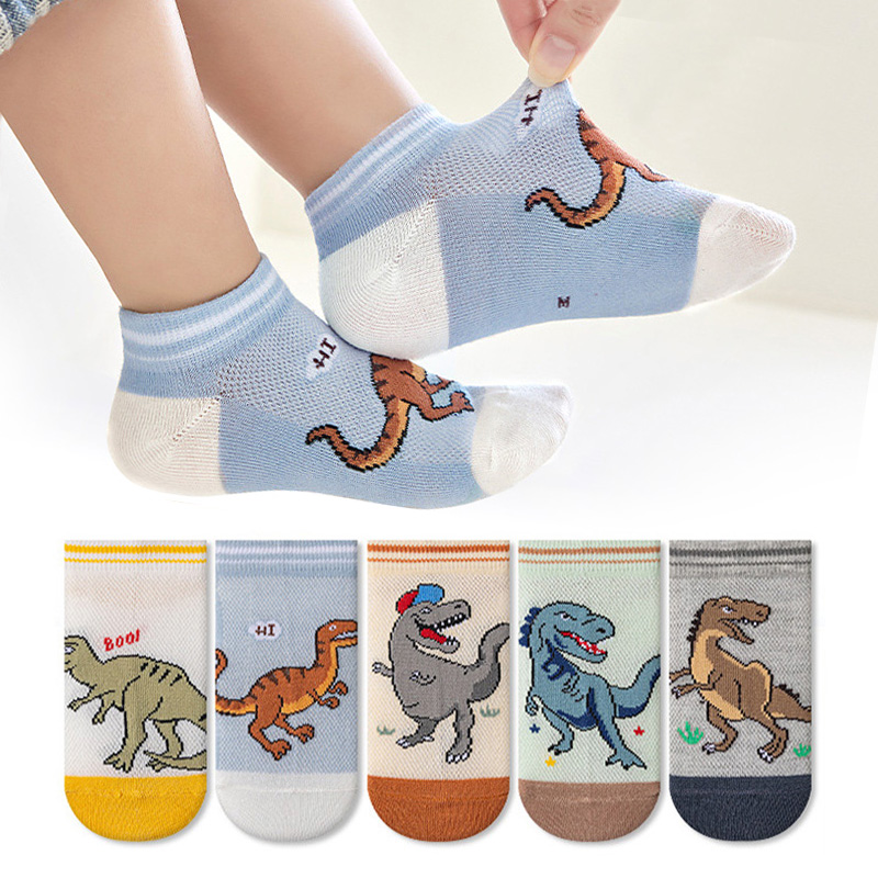 Menino's Dinosaur Pattern Socks, confortável, respirável, casual, macio, crianças, 5 pares