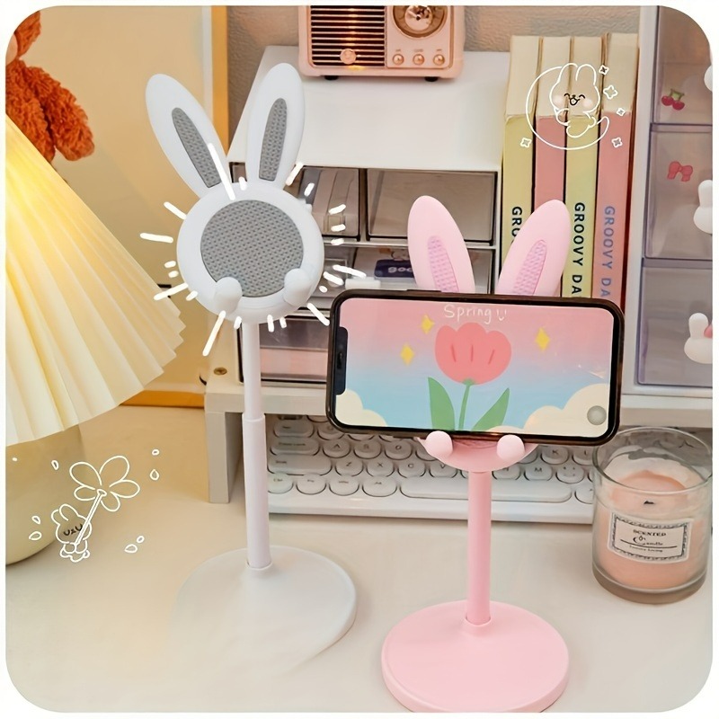 Soporte para teléfono móvil de escritorio, color rosa, ajustable, con diseño de conejo, para iPhone, iPad, Samsung, Huawei, Xiaomi