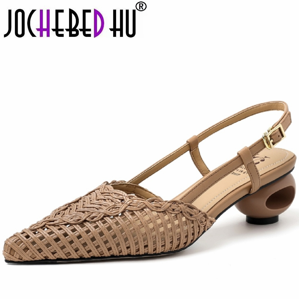 【JOCHEBED HU】 sandales de gladiateur d'été femmes boucle bout pointu mi enfers sandales chaussures tissé évider Mujer chaussure de plage 34-40