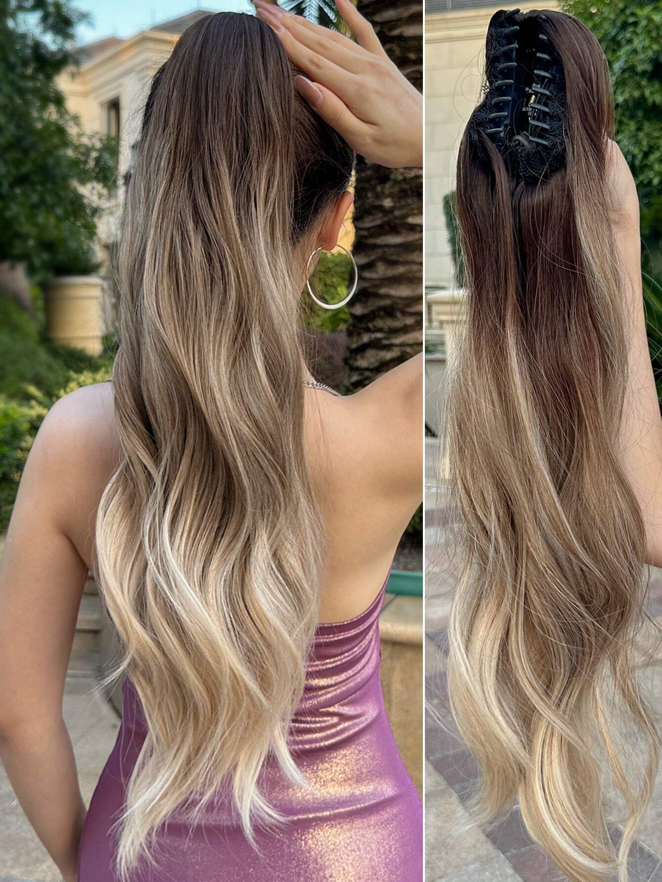 Claw ผมหางม้า EXTENSION WAVE CURLY อุปกรณ์เสริมผมยาว 24 นิ้วคลื่นธรรมชาติทนความร้อนเส้นใยสังเคราะห์ผมหางม้า Hairpiece