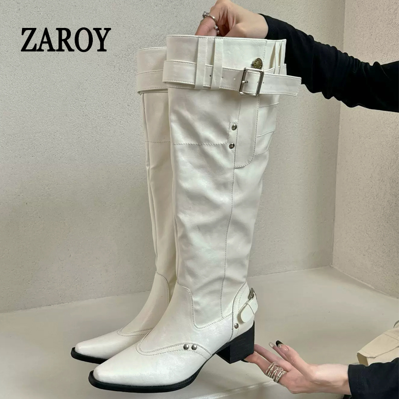 Zimowe damskie kozaki za kolano ZAROY z klamrą, szpiczastym noskiem, na grubej podeszwie, wygodne buty, designerskie, Y2K, gotyckie, motocyklowe botki, buty bankietowe.