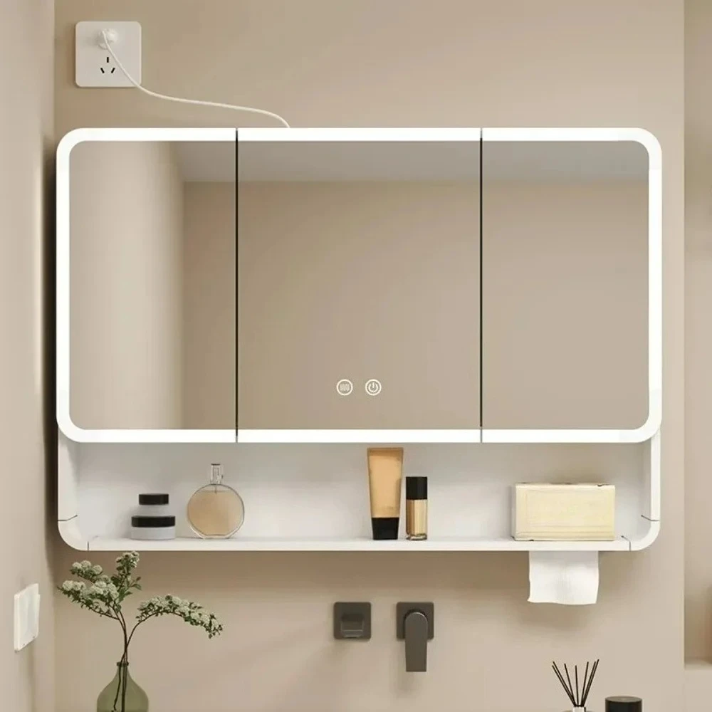 LED Bathroom Mirror Cabinet Anti Fog Wall Mounted Storage Mirror Carbon Fiber Rounded Corner Makeup Mirror