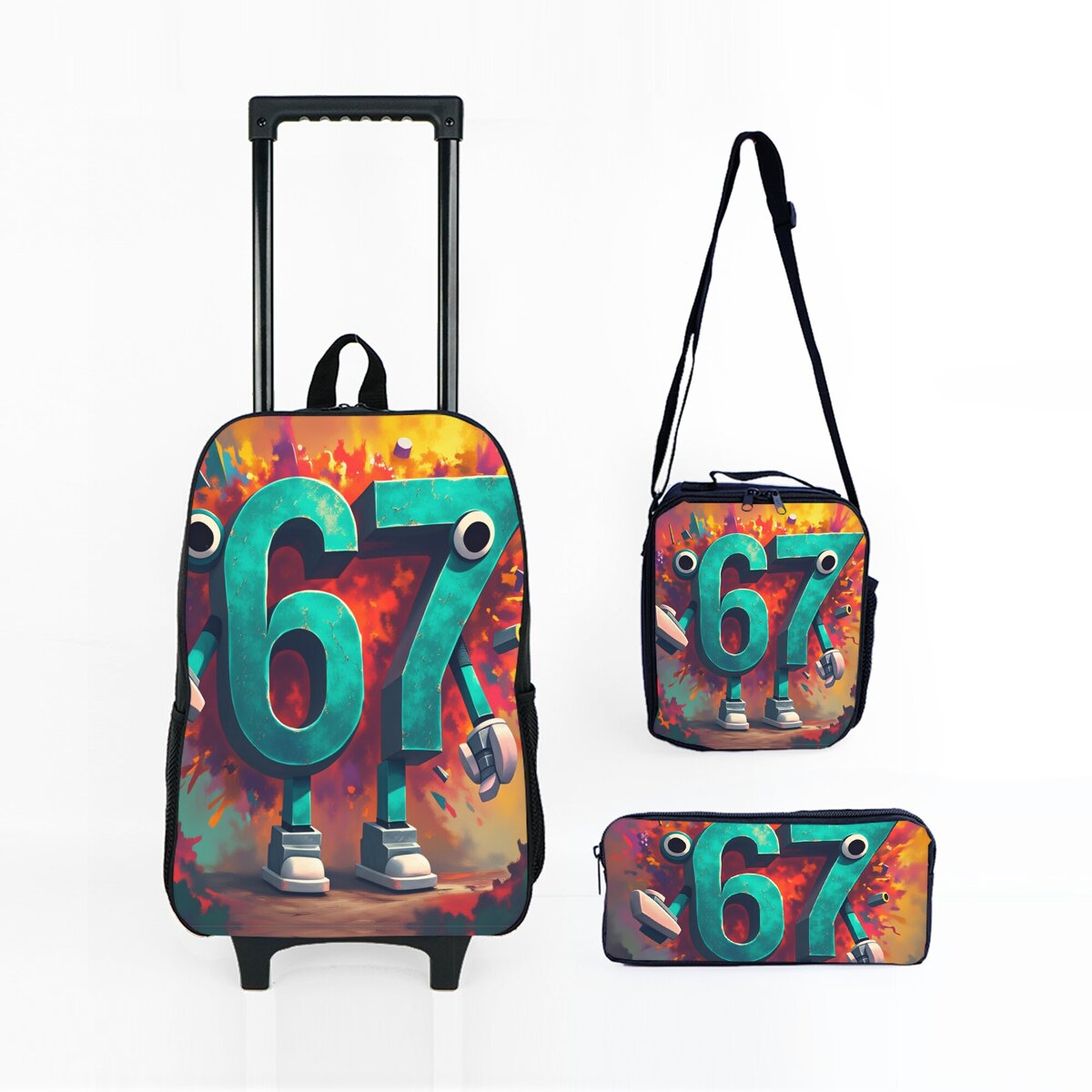 Colorful Number 67 Black Wheeled Rolling Bag Set with Lunch Box Pen Bag with Wheels School Trolley Backpack Bag for Girl/Boys