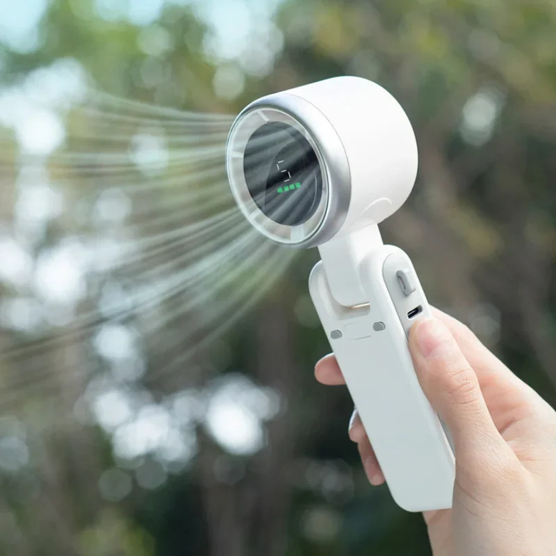Mini ventilador portátil com tela HD, 5 configurações de velocidade, USB Type-C, dobrável e com alça para pescoço.