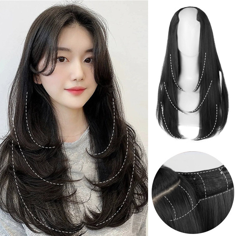 ヘアエクステンションのロングレイヤークリップ、ナチュラルミックスウェル、ストレートウェーブv字型ヘアピース、ブラウンヘアエクステンション、1ピース、22インチ