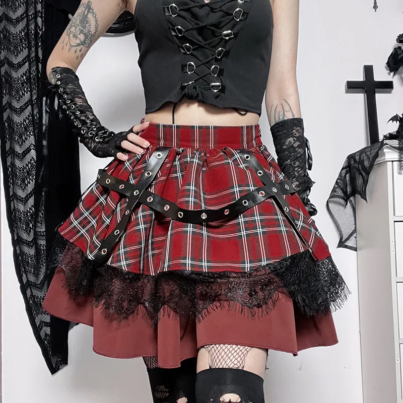 Gothic Harajuku dla dziewczyn plisowana spódnica w kratę Y2k Lolita Cake krótka spódniczka Punk urocza koronka odzież Kawaii przebranie na karnawał