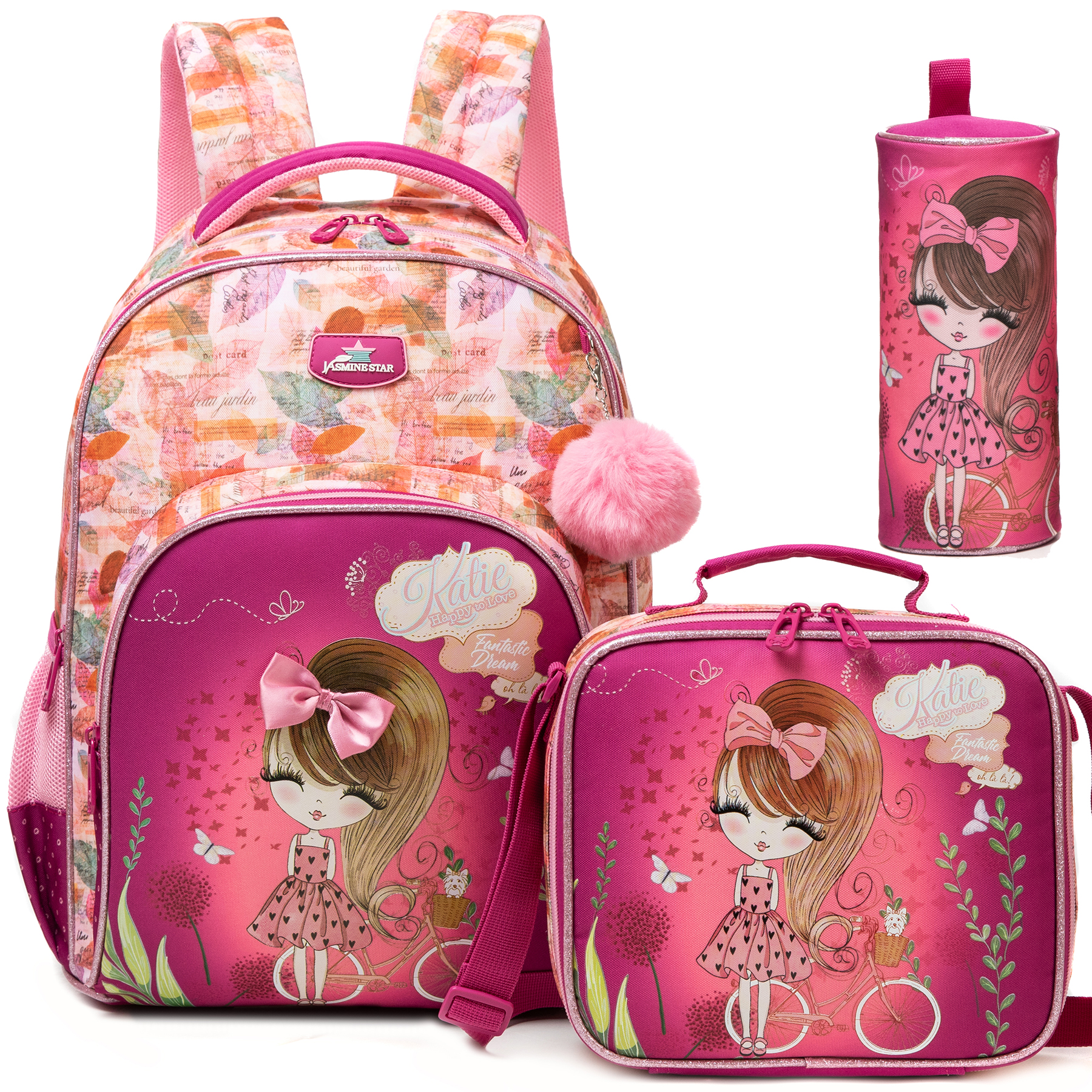 Rugzak voor meisjes, boekentas met lunchbox Schooltassenset voor kinderen 3-delige bloemenmeisjesrugzakset Schooldagrugzak voor tienermeisjes