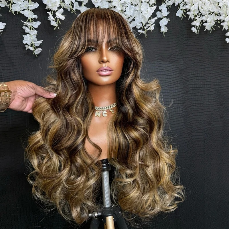 Выделите Ombre Blonde Объемная волна Парик фронта шнурка с челкой 13x4 HD Парик фронтальной части шнурка для женщин Синтетический высококачественный повседневный носить