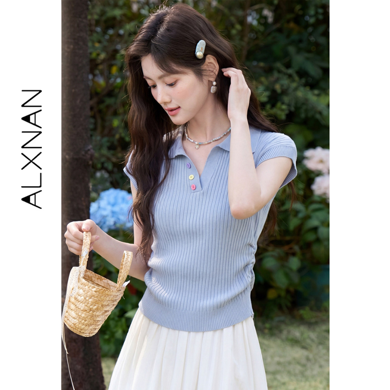 ALXNAN Damen-T-Shirt mit Revers, elegant, lässig, gestrickt, kurzärmelig, T-Shirts, Sommer 2026, locker sitzende, taillierte, geraffte Oberteile für Damen, L56365