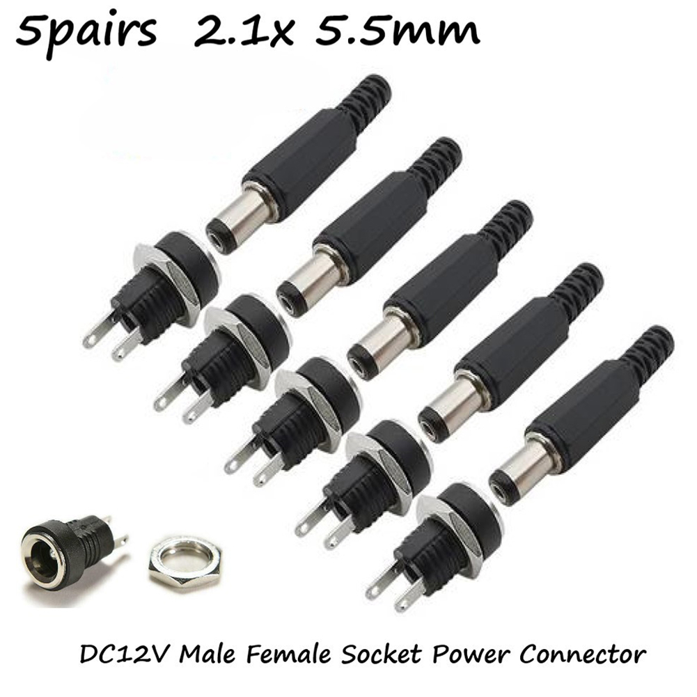 5 쌍 DC 12V Male Female 소켓 패널 마운트 배럴 잭 플러그 전원 커넥터 암 잭 나사 너트 패널 마운트 커넥터