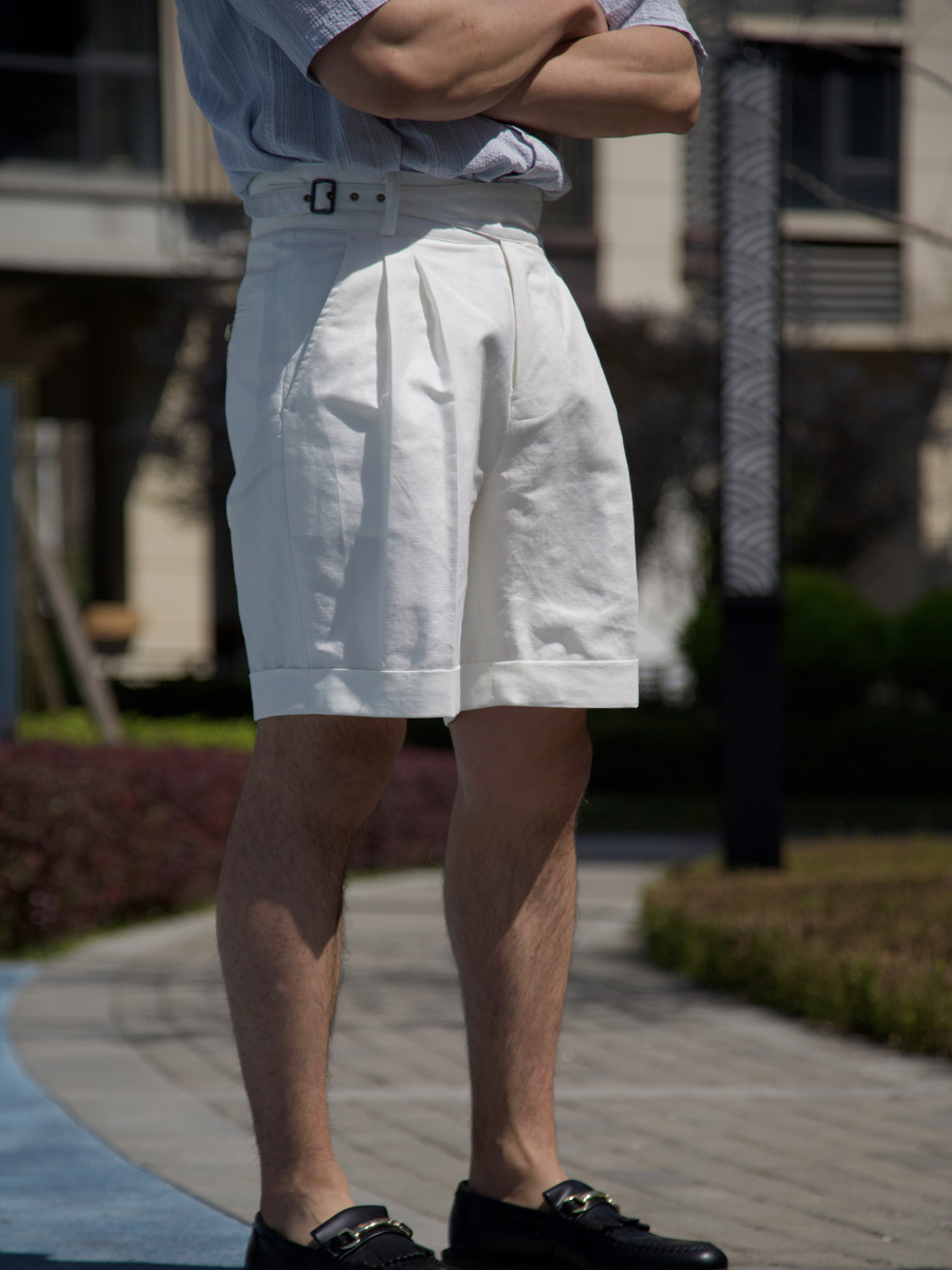 POT&CRAFTSMAN Shorts Brancos Masculinos de Linho, Modelo Cinco Bolsos, Fino para Verão, Versão Gurkha com Contorno na Cintura, Tamanho Grande Personalizado