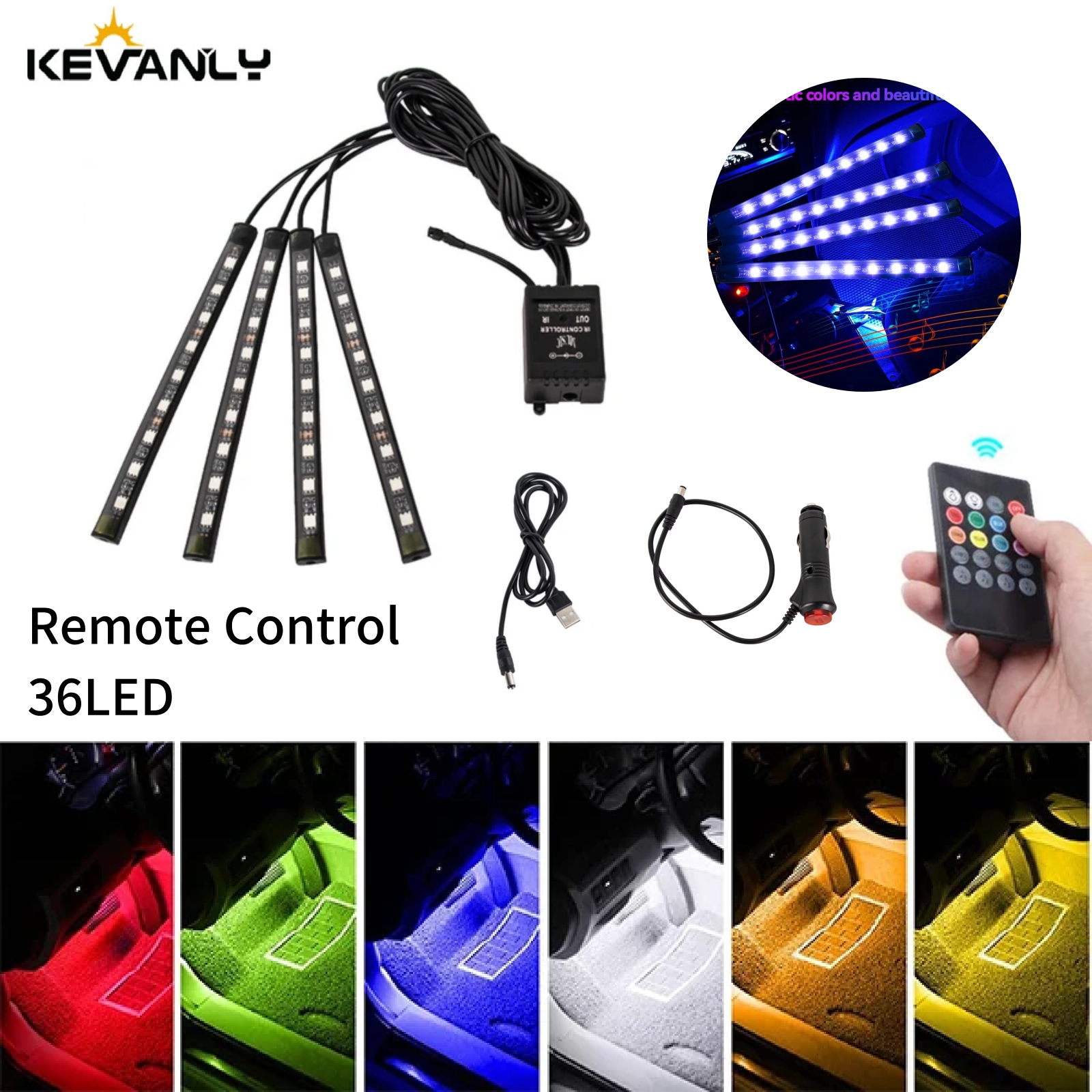 4 em 1 néon 36led interior do carro luz de pé ambiente com usb controle remoto sem fio música auto rgb atmosfera lâmpada decorativa