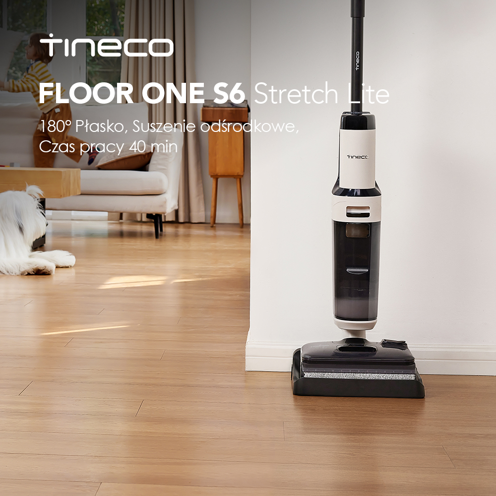 Tineco Floor ONE S6 Stretch Lite do czyszczenia na mokro i na sucho 180 °   Odkurzacz płaski do pracy na mokro, z odwadnianiem odśrodkowym, czas pracy 40 minut, czyszczenie dwustronne krawędzi, do niskich mebli, do