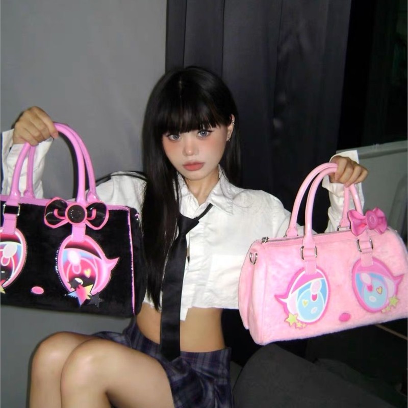 Hot Girl Sweet Cute Borsa a tracolla Donna Cartoon Borse a tracolla rosa Donna Grande capacità Peluche Y2K Estetica Borsa nera 2025