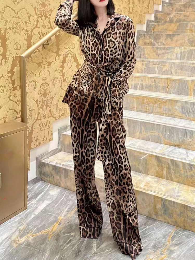 Retro lente nieuwe revers lange mouw Luipaardprint vetersluiting los overhemd + elastische taille wijde pijpen broek dames tweedelig pak