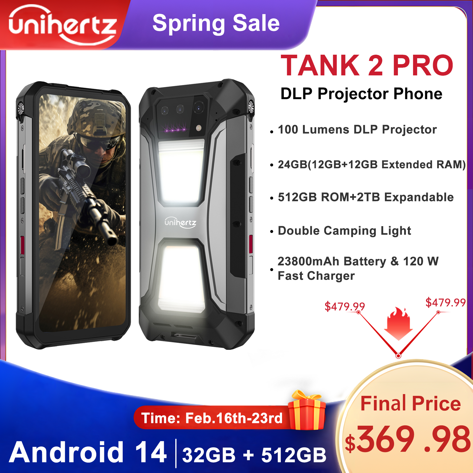 Unihertz tank 2 Pro 8849 telefone robusto com projetor 100MP 24GB 256GB Android 14 100MP NFC 120W Helio G99 23800mAh