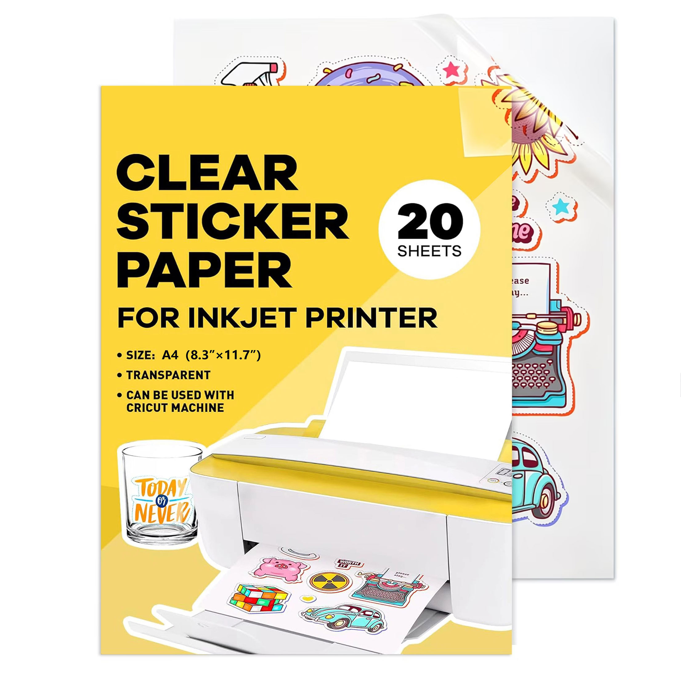 10/20 hojas de papel adhesivo de vinilo transparente imprimible A4 para impresora de inyección de tinta, película transparente, papel autoadhesivo resistente al desgarro