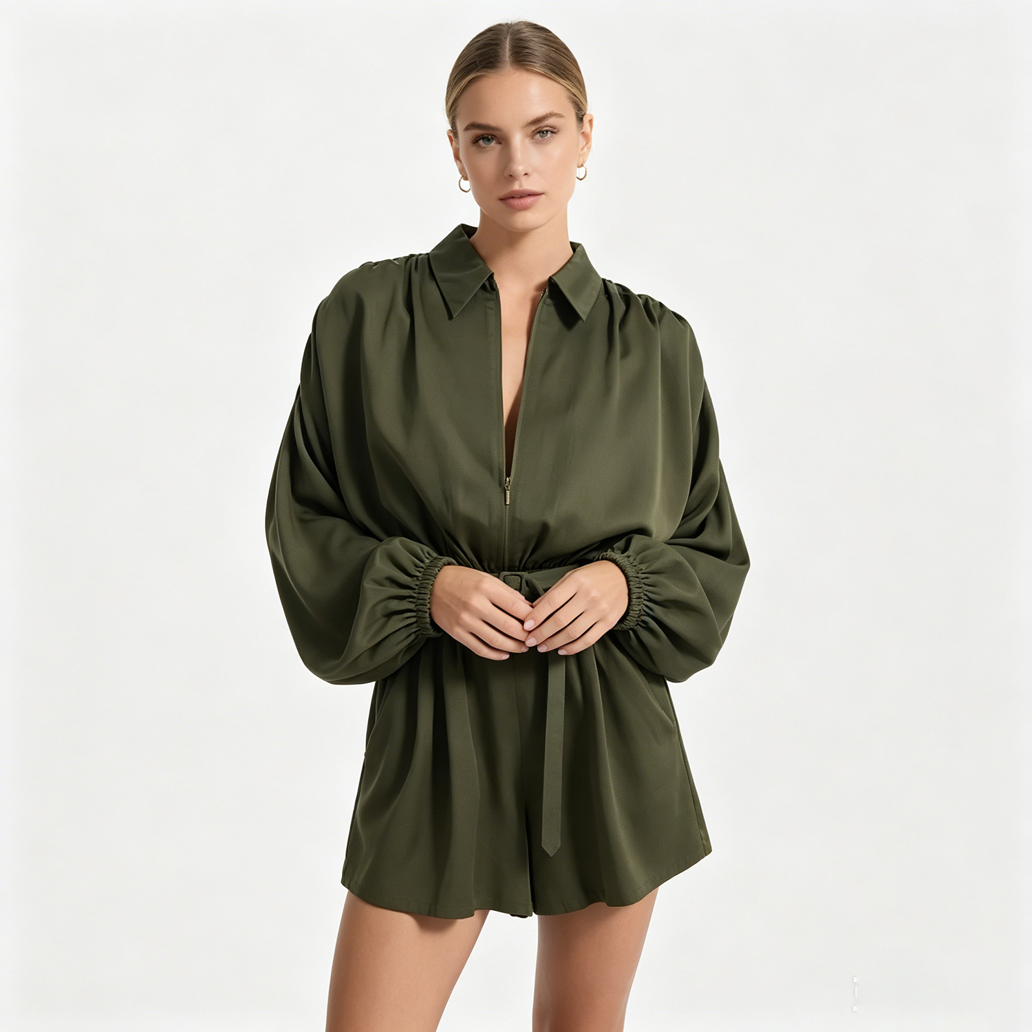 PUAL Dames Satijnen Shirt Romper Reverskraag Lange mouw Gordel Taille Rits Voorkant Losse korte jumpsuit Casual outfit