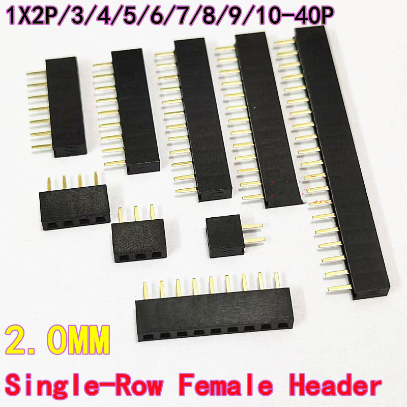 20PCS 2.0mm Pitch Through-Hole Single-Row Female Header 1×2P/3P/4P/5P/6P/7P/8P/9P/10P/20P/40P Gold-Plated Plastic Height 4.3mm