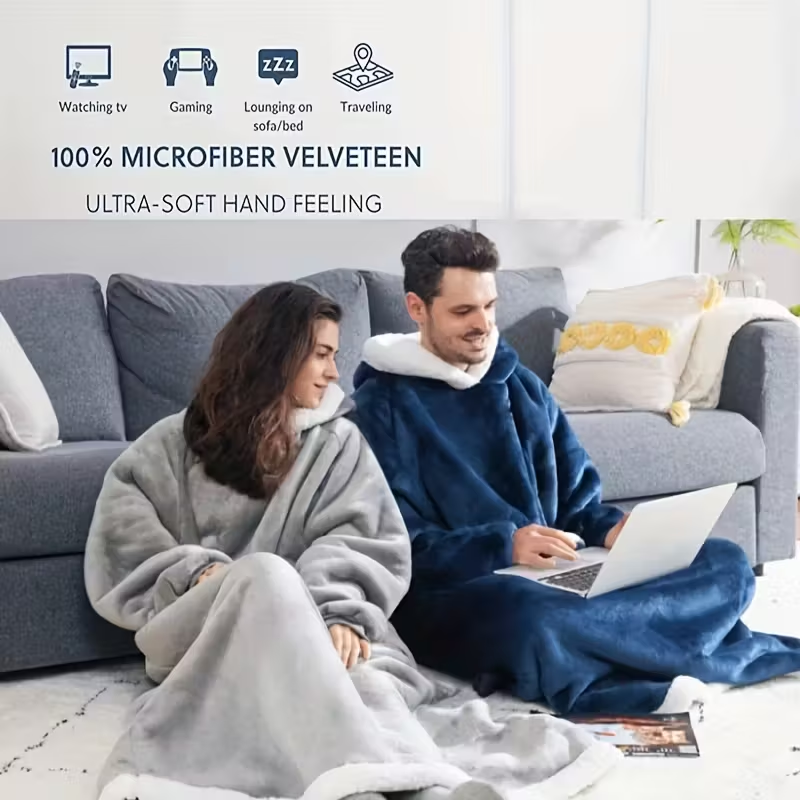 Cobertor de flanela super longo com mangas, moletom com capuz de inverno, pulôver de lã gigante para tv, cobertor de grandes dimensões