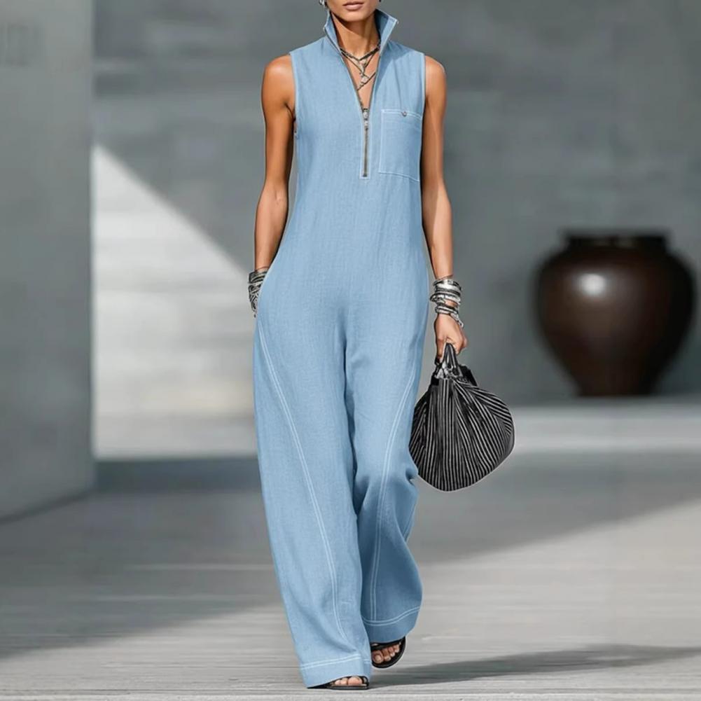 Effen kleur dames mouwloze jumpsuit, casual lange broek, rompertjes met zakken, zomerse overall met ritssluiting en opstaande kraag