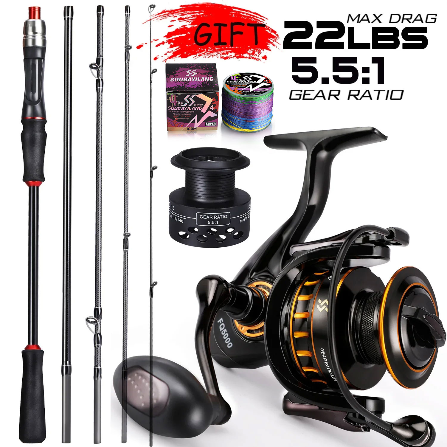 Sougayilang tongkat pancing Kombo 1.8/2.1m, joran pancing serat karbon ultra-ringan dan Reel pancing Drag maksimal 10kg untuk memancing ikan karper kakap