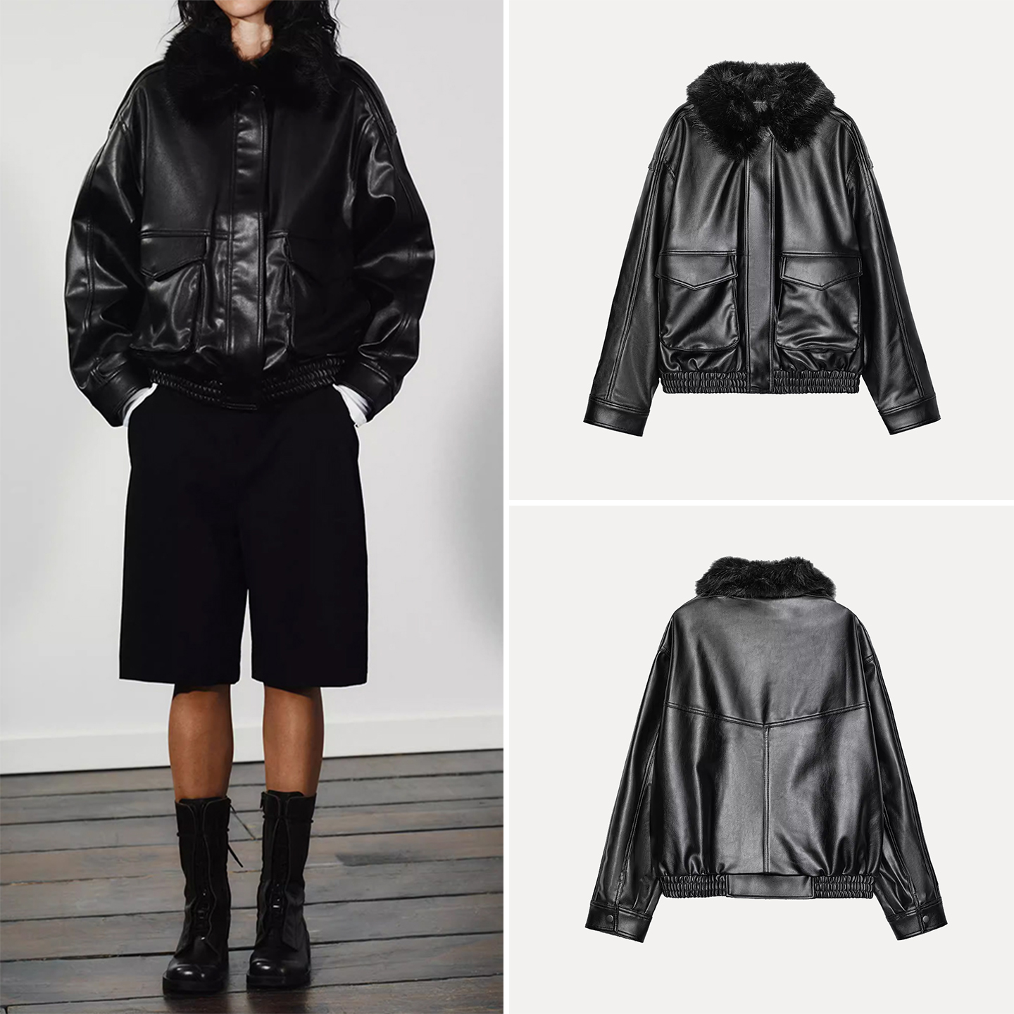 Faionable Detachable Artificial Leather Collar Jaet Women's Sle Autumn New Arrival Z Brand Commute Sle Loose Fit