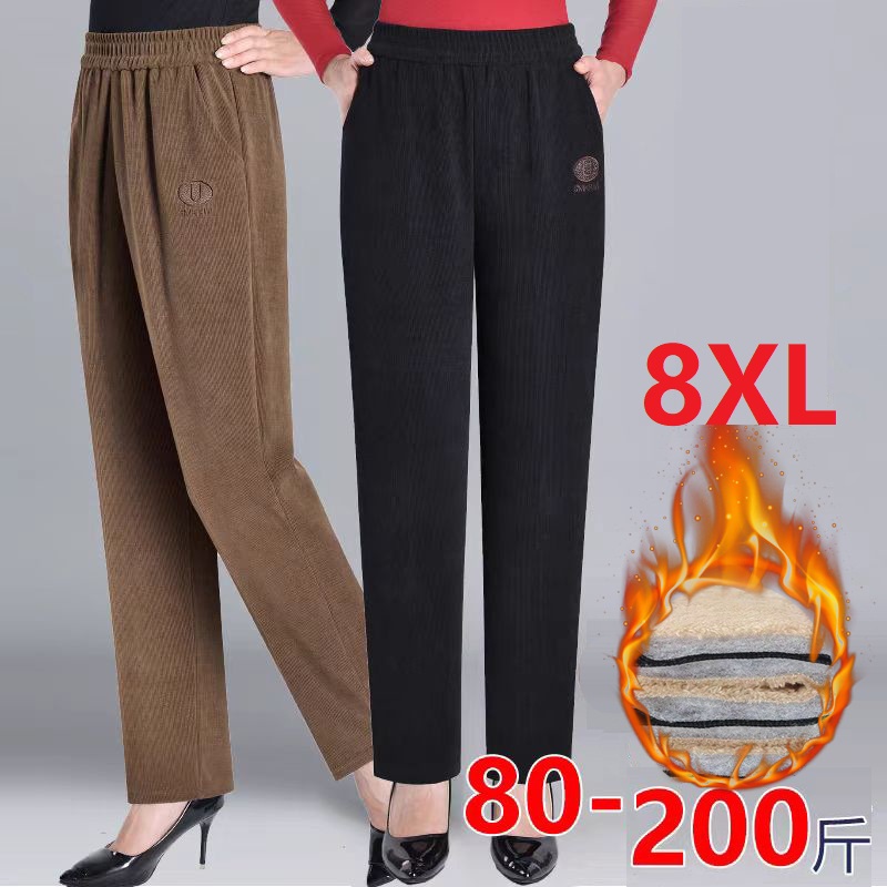 Extra Grote 8xl Damesbroek Elastische Hoge Taille Moeders Broek Herfst Casual Dames Lange Rechte Broek Winter Warme Katoenen Broek