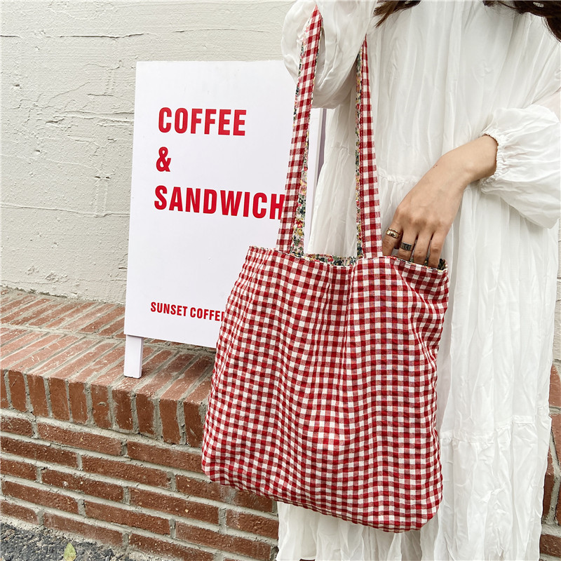 Casual Plaid Bloem Vrouwen Boodschappentas Grote Capaciteit Dames Dagelijks Tote Handtassen Katoenen Doek Dubbelzijdig Meisjes Schoudertassen