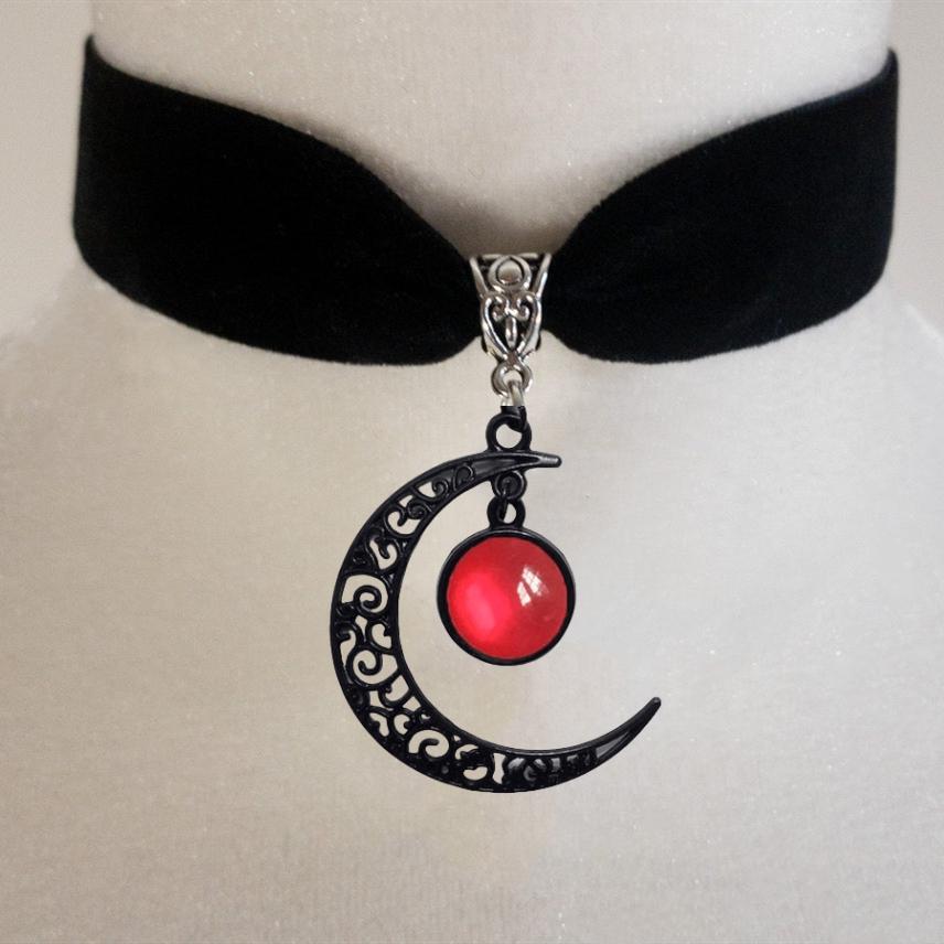 Collar gótico de Luna Negra Vintage, accesorios de joyería de bruja pagana, Colgante de Piedra colorida, gargantilla de terciopelo, regalo