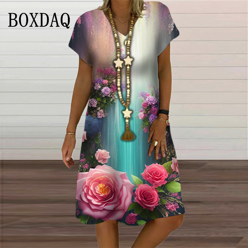 Summer Women's Dress For Vintage 3D Flower Print A-Line Dress Short Sleeve V-Neck Oversized Women Clothing New Sundress Vestidos