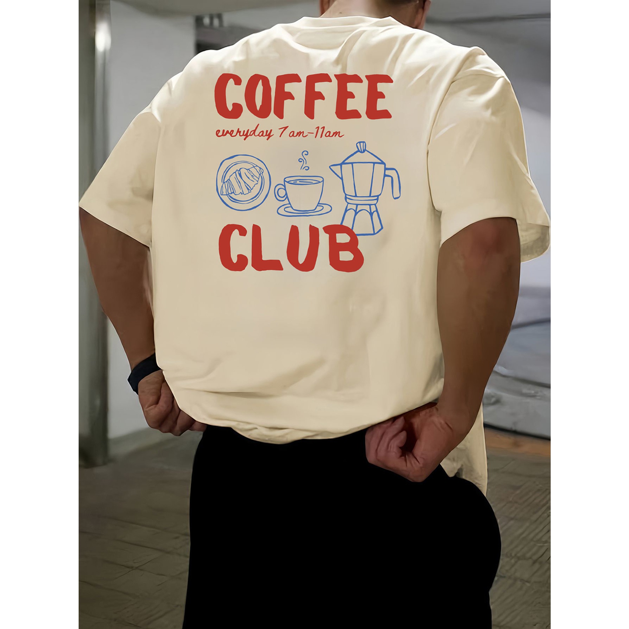 Casual T-shirt met koffieclubprint voor heren, 100% puur katoen, overhemd met korte mouwen, geschikt voor dagelijks woon-werkverkeer