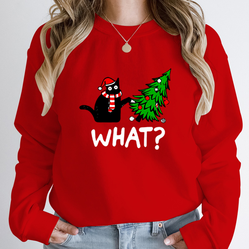 Navidad gato negro árbol de Navidad qué estampado sudaderas cuello redondo Tops para mujeres de manga larga Otoño Invierno jerseys de Color sólido
