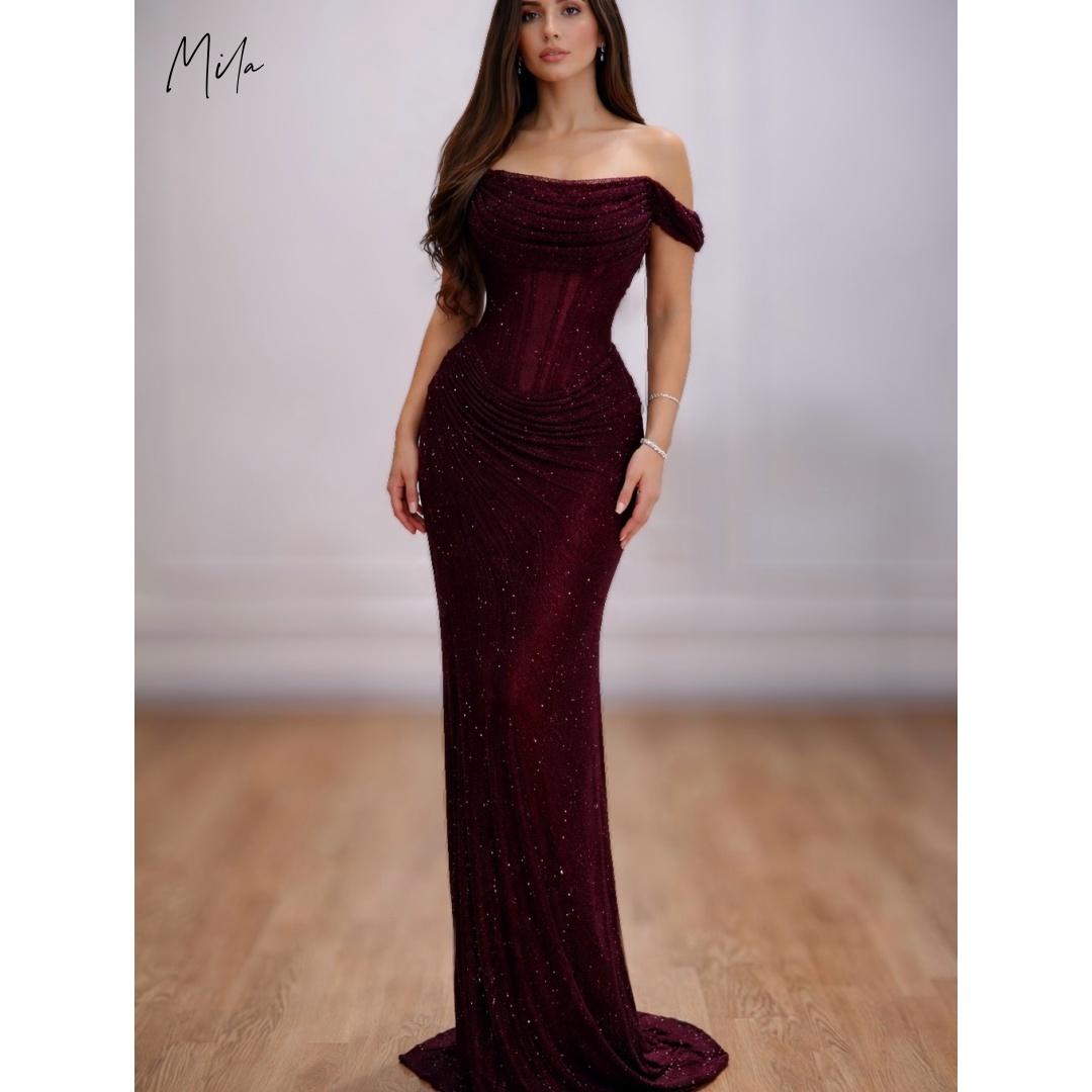 Вечерние платья Mila Burgundy с открытыми плечами, из блестящей ткани, с драпировкой, силуэт русалка, на заказ, для торжественных мероприятий (vestidos de gala)