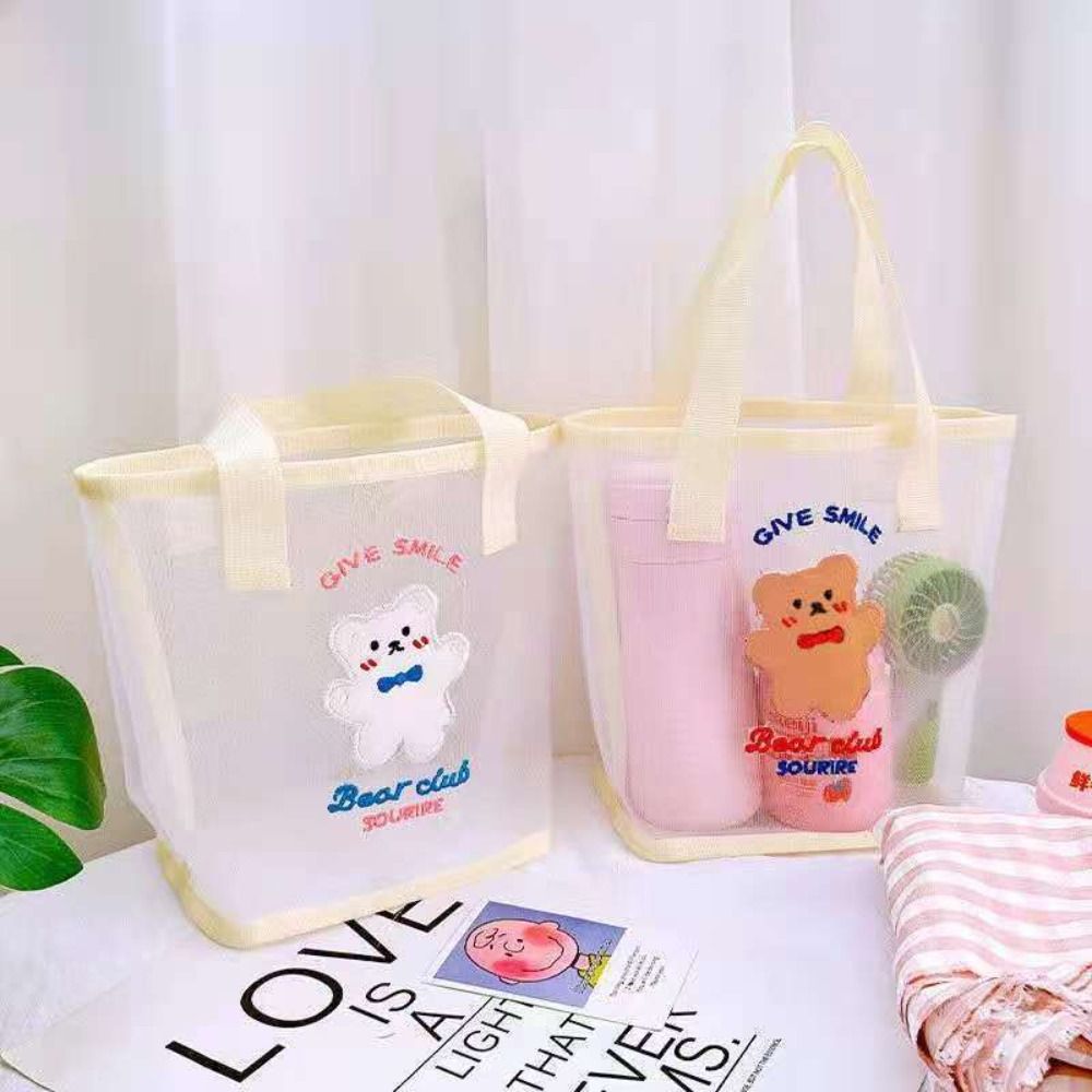 INS Cute Bear Cosmetic Bag Women Fashion Handbag Transparent Mesh Makeup Case Summer Convenient Swimming Outdoor Beach Bag