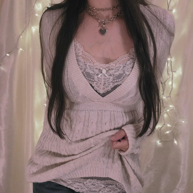 Fairycore y2k grunge vintage camisola de malha chique feminino 90s vintage decote em v pullovers estética retro bonito jumpers malhas