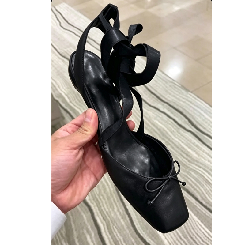 Sepatu Flat Slingback Berujung Kotak dengan Tali di Pergelangan Kaki, Model Ballet untuk Wanita, Musim Panas 2026, Merah, Pita, Tali Sepatu, Sandal, Sepatu Pengantin, Fashion
